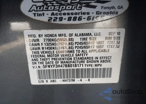 2011 Honda Pilot Ex from USA, damaged, VIN 5FNYF3H47BB018171